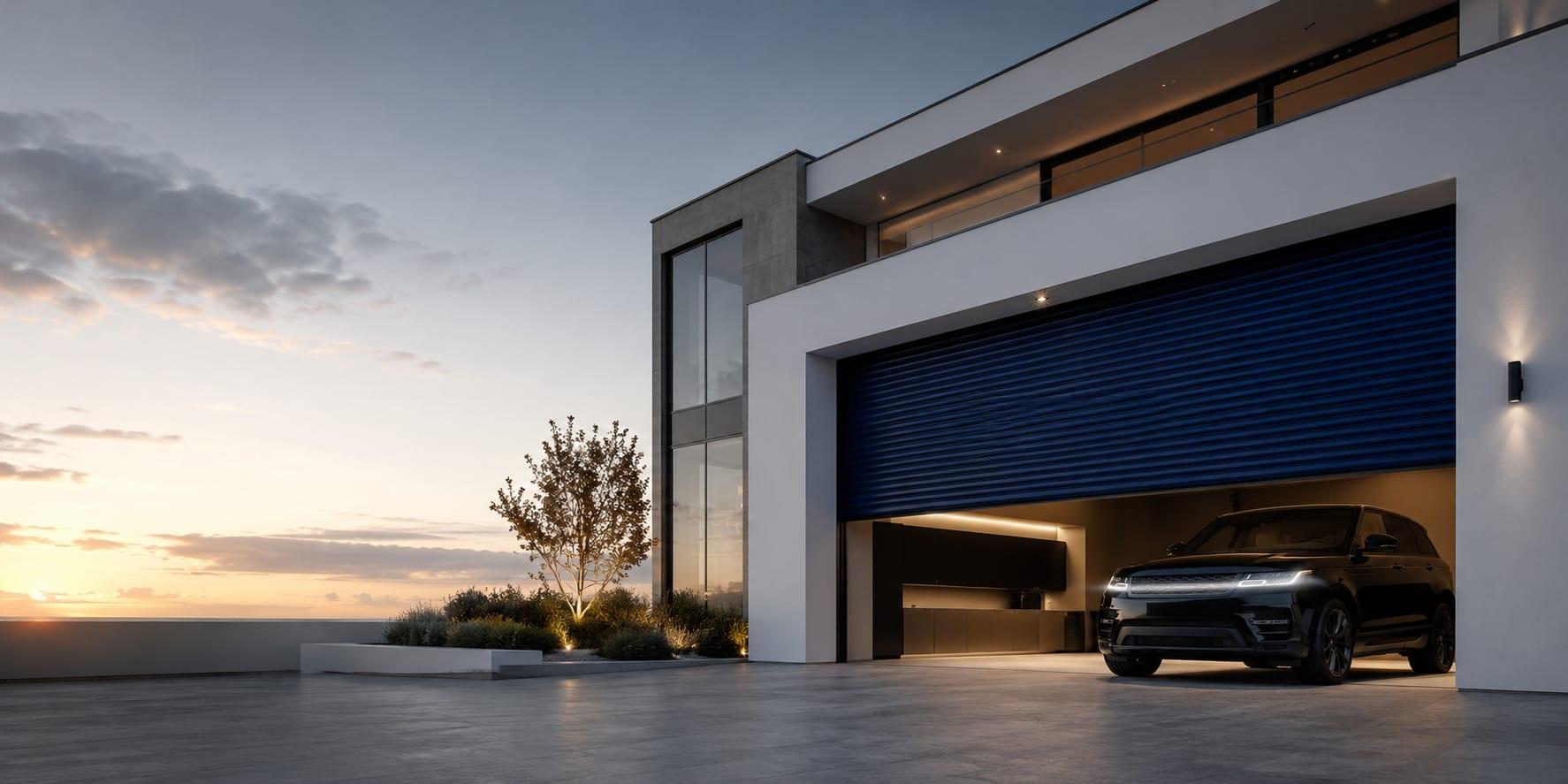 Modern home at dusk with a blue automatic roller garage door
